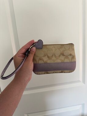 Coach Tan Signature Canvas Wristlet with Lavender Trim